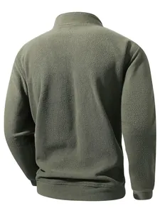 Back view of men's olive green half-zip fleece pullover sweatshirt with soft texture