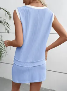 Back view of a blue ribbed two-piece lounge set featuring a tank top and mini shorts