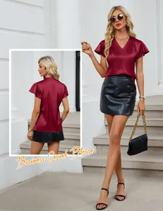 Detailed view of an elegant wine red V-neck satin blouse for business casual summer wear