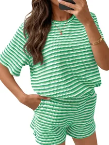 Detailed view of the green and white striped casual two-piece short sleeve and shorts set