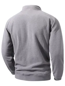 Back view of a men's casual half-zip fleece pullover sweatshirt in solid light grey color