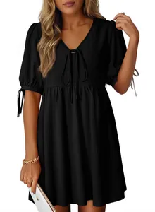 Women's stylish black V-neck dress with tie-up puff sleeves and a comfortable loose fit