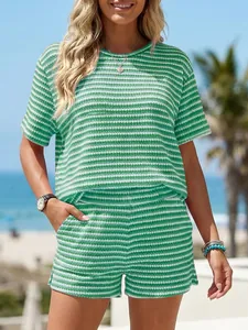Women's casual green and white striped summer set featuring short sleeves and shorts