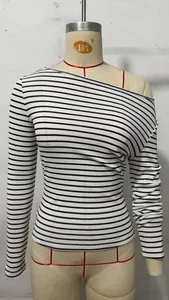 Detailed front view of a black and white striped one-shoulder long sleeve T-shirt for women.