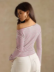 Detail view of a striped off-the-shoulder long sleeve top from the back and side profile.