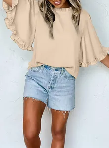 Detailed view of women's apricot round neck blouse with elegant ruffle sleeves