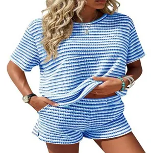 Close-up view of women's blue and white striped leisure T-shirt and shorts summer set