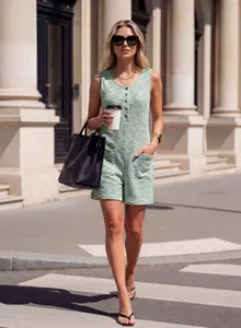 Model wearing a light green waffle knit sleeveless romper with pockets in the street
