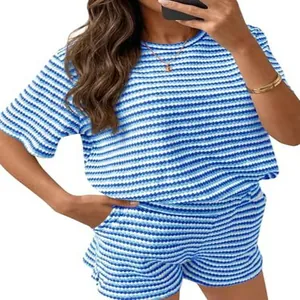 Women casual two-piece summer set with blue striped short sleeve top and matching shorts