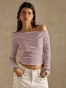Detailed view of striped off-the-shoulder long sleeve t-shirt in white and burgundy