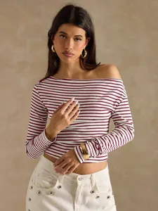 Detailed view of the off-the-shoulder neckline on a chic burgundy striped long sleeve top