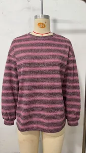Fashionable oversized crewneck sweatshirt with vibrant pink and purple horizontal stripes