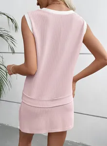 Detailed back view of casual pink ribbed sleeveless top and matching shorts set for women