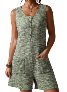 Close-up of green waffle knit sleeveless romper with button-down front and pockets