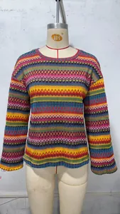 Vibrant multi-colored zigzag stripe knitted long sleeve crew neck sweater for autumn