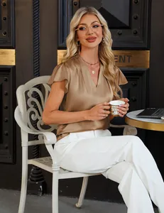 Elegant coffee brown V-neck pleated chiffon blouse featuring stylish ruffle sleeves
