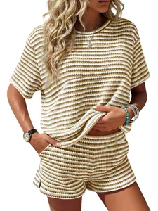Stylish women's summer casual two-piece outfit featuring a striped crew neck top and shorts