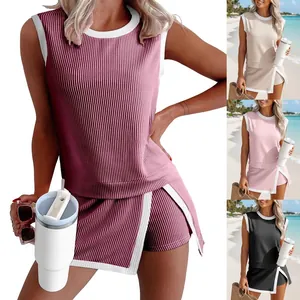 Women Ribbed Knit Two Piece Top And Bottom Sleeveless Round Neck T-Shirt And Side Split Shorts Set Contrast Binding Summer Casual Activewear