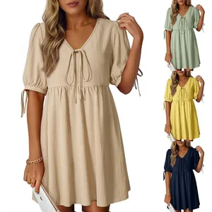 Women Casual Solid Color V-Neck Tie Puff Sleeve Dress Loose A-Line Mini Dress Elegant Summer Apricot Yellow Black Dress