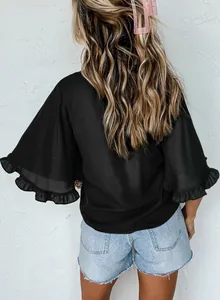 Elegant back view of black women's summer blouse featuring stylish ruffle half sleeves