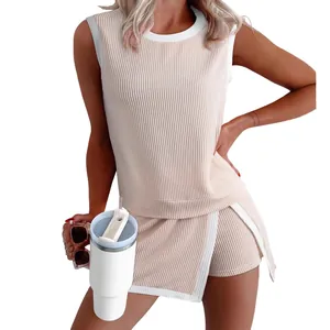 Stylish women summer casual two-piece ribbed sleeveless top and wrap shorts set in apricot