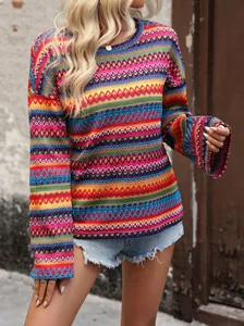 Detailed view of colorful geometric striped loose knit crew neck top for women