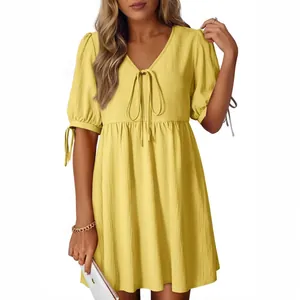 Fashionable summer yellow V-neck puff sleeve loose dress with tie-front detail for women