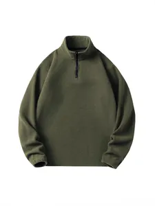 Felpa da uomo in pile calda con mezza zip e collo alto in verde oliva per autunno inverno.