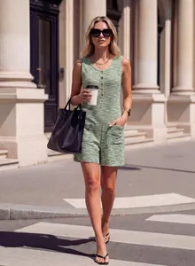 Close-up of a green waffle knit sleeveless romper with button details on a model