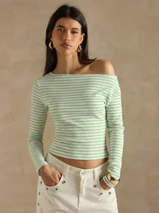 Casual green and white striped off-the-shoulder long sleeve T-shirt for autumn.