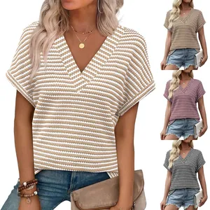 T-Shirt da Donna Casual con Scollo a V a Righe con Griglia a Ananas Maglia a Maniche Corte Larga per Estate Uso Quotidiano