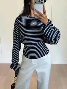 Detailed view of stylish black and blue striped batwing sleeve t-shirt for women