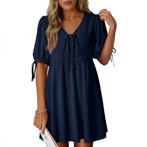 Casual dark blue V-neck loose dress with puff sleeves and tie-front detail