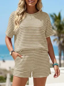 Casual two-piece summer short set featuring a striped textured crew neck top