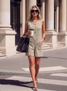 Stylish waffle knit sleeveless romper with wide-leg shorts for summer street fashion
