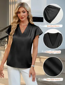 Detail view of ruffled sleeves and seamless V-neck on a black satin blouse