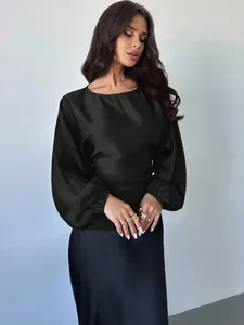 Elegant black satin blouse with long lantern sleeves and round neck detail
