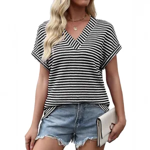 T-shirt da donna scollo a V a righe larghe a maniche corte con trama a nido d'ape