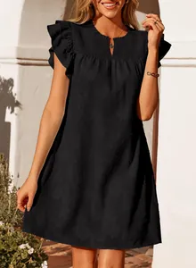 Elegant black V-neck summer dress with ruffle sleeves and floral texture details
