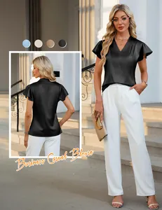 Front and back view of a black V-neck satin short-sleeve business casual blouse.
