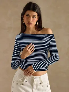 Detailed view of a navy and white striped off-the-shoulder long sleeve T-shirt for women