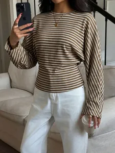 Stylish brown and white striped batwing long-sleeve T-shirt top for a casual look