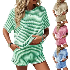 Women Striped Short Sleeve Crew Neck Top And Bottom Summer Casual Split Shorts Lounge Wear Outfit For Daily Beach Travel