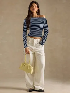 Fashionable blue and white striped off-shoulder long sleeve top for casual autumn wear