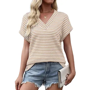 T-shirt casual da donna con scollo a V, righe e trama a griglia di ananas unica