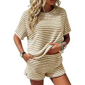 Women's summer two-piece striped loungewear set with crewneck top and shorts