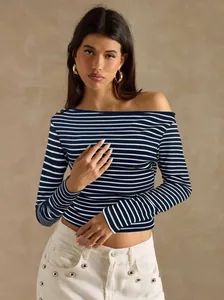 Close-up of a navy blue and white striped off-the-shoulder long sleeve top for women.