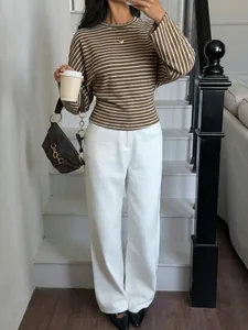 Stylish brown striped batwing long sleeve T-shirt with round neck for casual wear