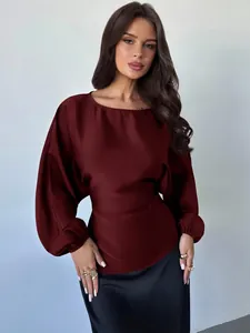 Elegant burgundy wine red satin blouse with lantern sleeves and round neck detail
