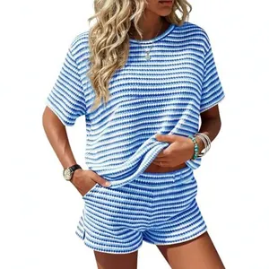 Stylish blue and white striped two-piece casual set with short sleeve top and shorts.